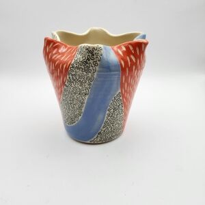 Hand Crafted Artist Signed "!?" Conptemporary Fun Bold Glazed Wavy Finish Vase